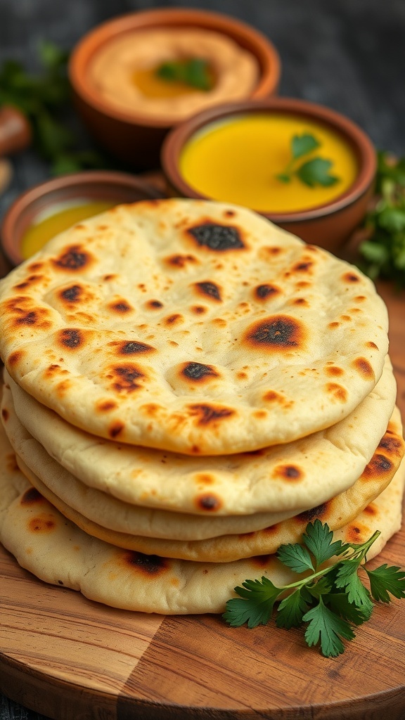 A stack of golden brown flatbreads on a wooden board with bowls of hummus and olive oil.